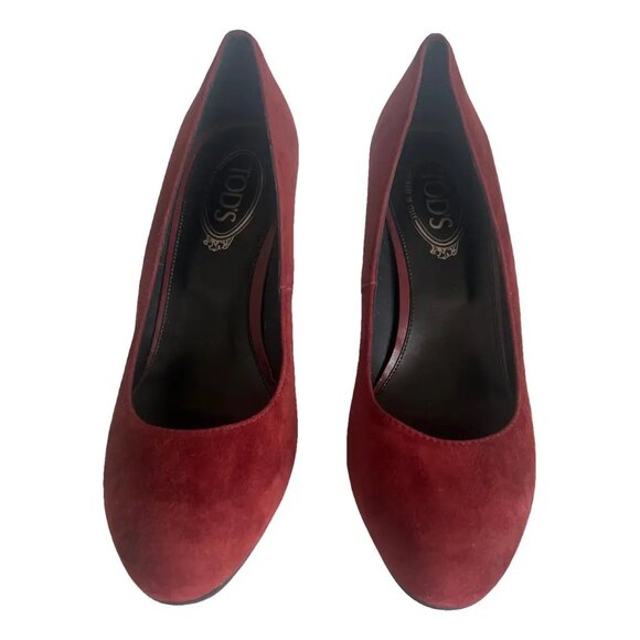 Tod's Burgundy Red Suede Wedge Heels Almond Toe Size 39 NWOB - Picture 8 of 8